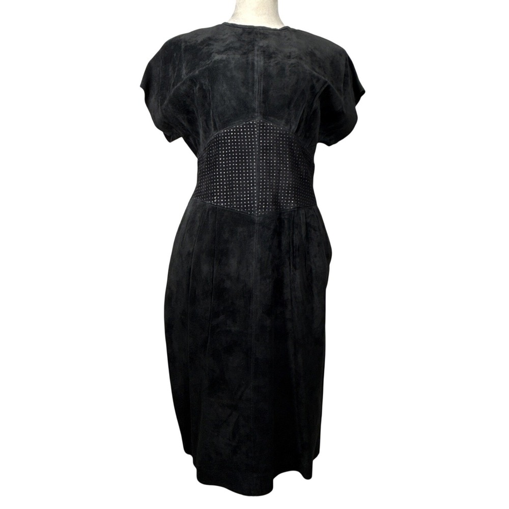 Vintage Lauren Alexandra Black Leather Midi Dress XS Corset Fit Pleated Pockets - Picture 2 of 16